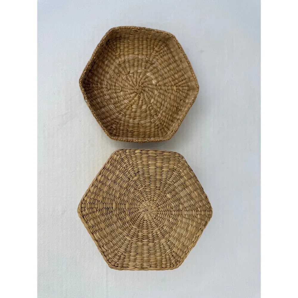 Vintage Cottage Hexagon‎ Woven Seagrass Basket w/Lid Boho Storage Decorative Box